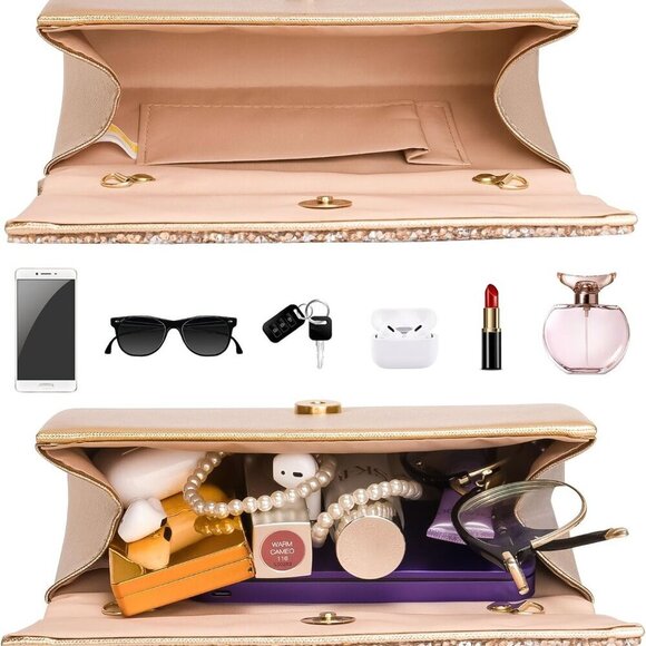 Women's Rhinestone Evening Handbag Clutch Rose Gold Envelope Crossbody - Picture 4 of 7